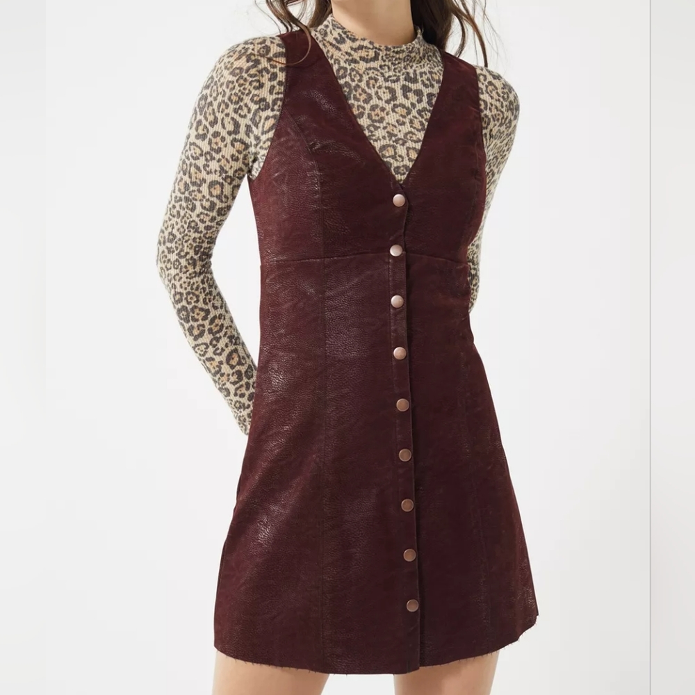 HOST PICK UO Sunshine Maroon Faux Leather Button-Front Mini Dress Grunge Rave S